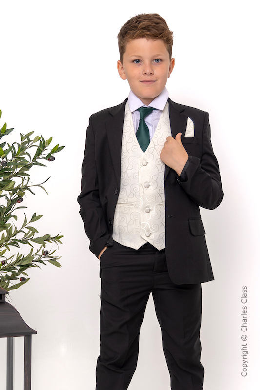 Boys Black & Ivory Suit with Dark Green Tie - Roland